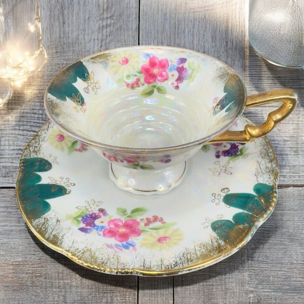 Vintage German Porcelain Teacup And Saucer Set Flower‎ Pattern Gold Accent Decor